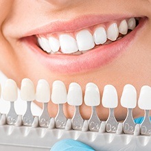 Closeup of teeth compared with tooth color chart