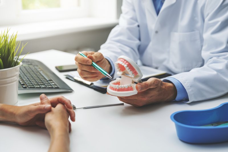 a dentist holding a model of teeth for a patient